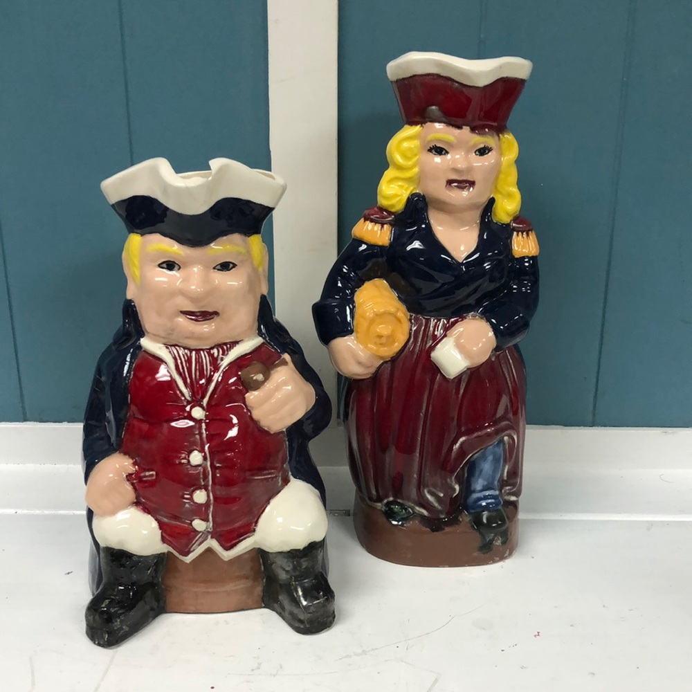 VINTAGE Ceramic colonial couple water/drink 8-12” PITCHERS hand painted